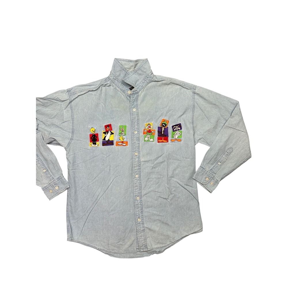 Vintage Warner Bros Studio Store Looney‎ Tunes Embroidered Denim Shirt Large L